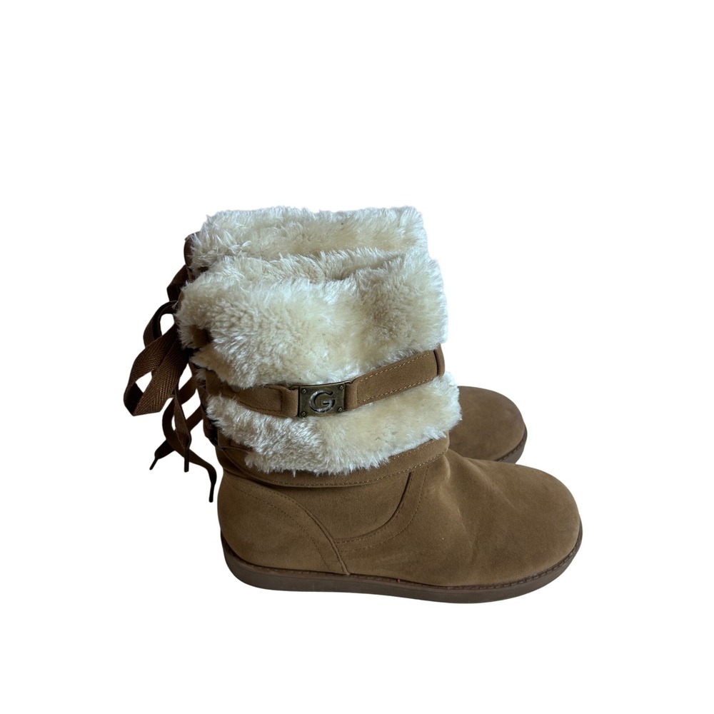 G by Guess GGASICK Boots 7M Tan Faux Fur Ribbon Lace Up Women